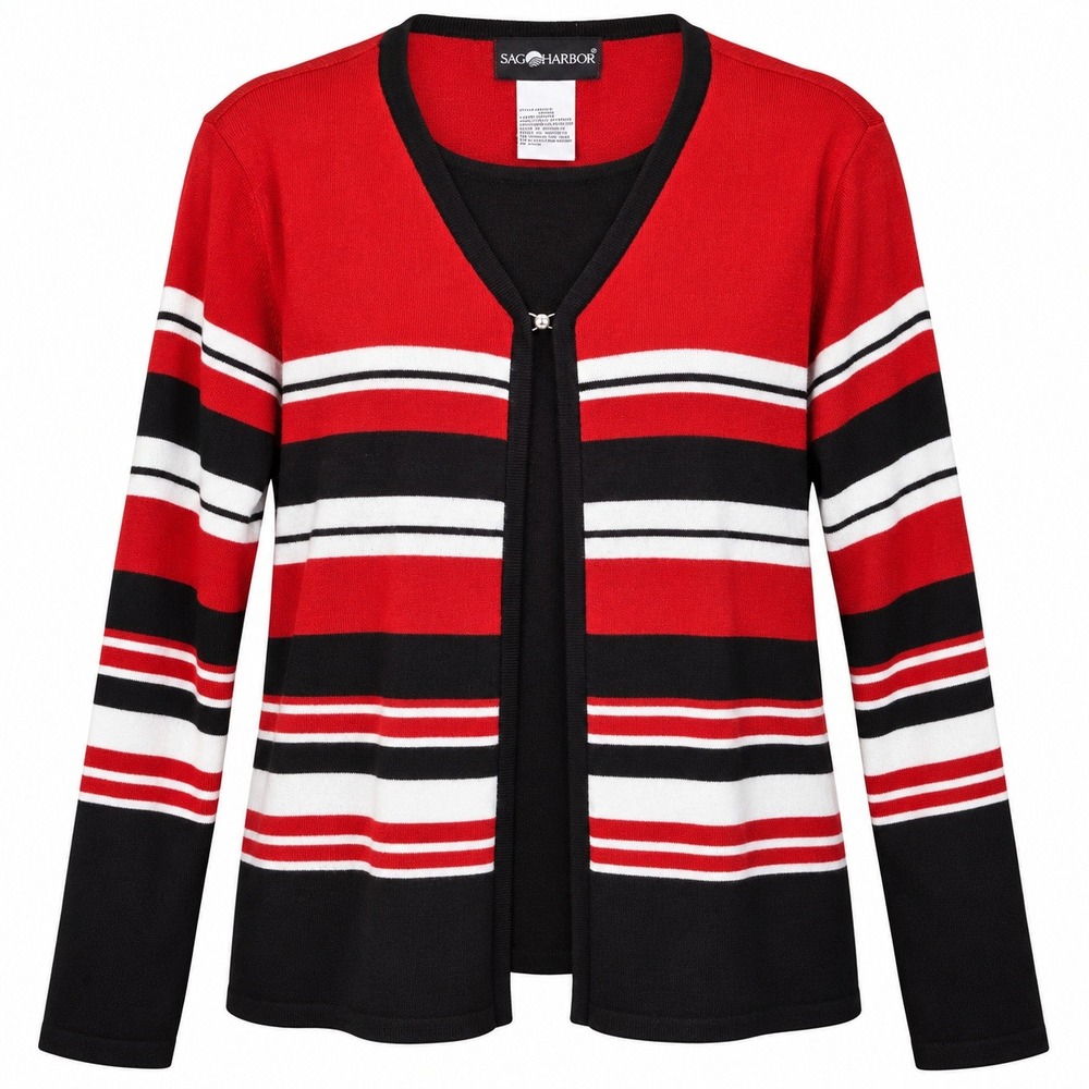 Sag Harbor Striped Cardigan Womens Large Red Black White Excellent Nautical Mod